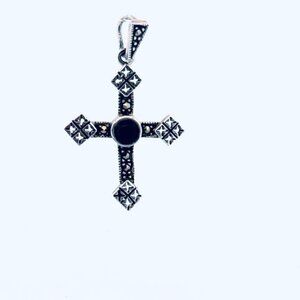 Vintage Sterling Silver 925 Marcasite Onyx Ornate Cross Pendant, 1.46g, No Chain